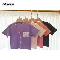 Dilutessa เสื้อครอปผู้หญิง,เสื้อครอปสีทึบ Atasan Bahan Rajut ยืดเสื้อสไตล์แขนสั้นสไตล์เกาหลี