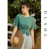 DUSHU Office Lady Women Pure Color Short Sleeve T-shirt Summer 2021 New Style All-match Loose Casual Green Yellow Tops