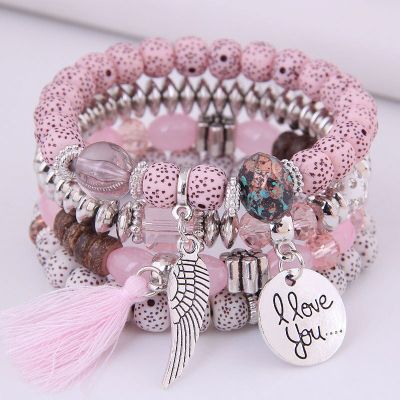 DIEZI Bohemian Multicolor Pink Crystal Beads Bracelets Women Girls Elastic Tassel Wing Letters Rope Bracelet Pulseira Feminina