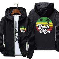 Yeah Mon Jamaica Rasta Roots Rock Reggae Jamaican Retro Gift Mens Hooded Windbreaker Reflective Coat Sunscreen Pilot Jacket 7XL