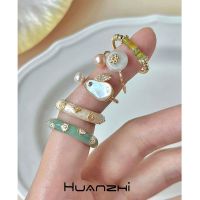 Colorful Drip glaze Cute Flower Natural Stone Pearl Metal Rabbit Rings for Women Girl Daily Party Jewelry HUANZHI 2023 NEW IINS