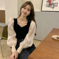 2023 New Spring Womens Clothing Retro Elegant Velvet Shirt Design Sense Niche Stitching Puff Sleeve Shirt