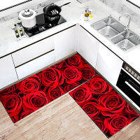 3D Rose Flowers Printed Kitchen Hallway Runner Rug Bedroom Living Room Area Rug Bathroom Non-slip Water Absorbent Floor Mats