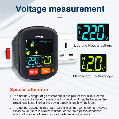 Outlet Tester เครื่องตรวจจับเต้ารับไฟฟ้าพร้อมจอแสดงผล LCD 110V 220V AC ตัวตรวจสอบแรงดันไฟฟ้าสำหรับ Home