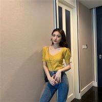 Fashion Women Ready Stock R V-neck Solid Tee Casual Simple Korean Knitting Knit Short Sleeve Tshirt T-shirt Shirts