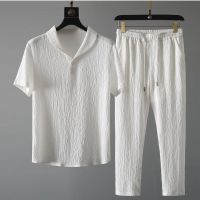 【CC】❐  New Mens Color Two-Piece Sets Pleate Classic T-shirts Pants Fashion Shirts  Trousers