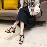 Spring 2023 New Casual Womens Shoes Crystal Thick Heel Flower Sandals Cross Border Womens Sandals