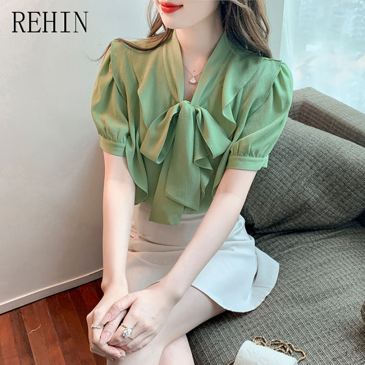 rehin-เสื้อเชิ๊ตผู้หญิงผ้าชีฟองคอลอยมีระบาย-เสื้อเชิ๊ตสไตล์เกาหลีแบบใหม่เสื้อเชิ๊ตผู้หญิงเสื้อผู้หญิงแขนสั้นฤดูร้อน