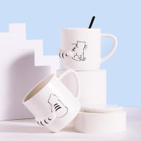 ถ้วยเซรามิกหางแมวเรียบง่ายสไตล์ญี่ปุ่นแก้วลายนูนสร้างสรรค์พร้อมฝาช้อนถ้วยน้ำน่ารักถ้วยกาแฟส่วนบุคคล