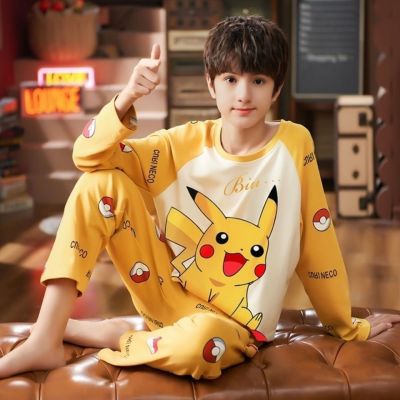 MUJI High quality childrens pajamas 3-14 years old boys and big boys spring and autumn thin Pikachu boys long sleeves can be worn outside home clothes