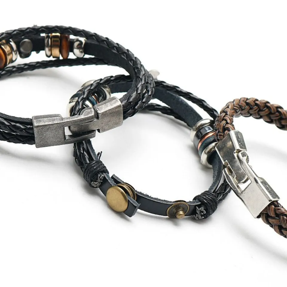 Combined Mens Bracelet İn Dark Blue-Brown Steel And Leather With Double  Straw Design Bracelet Tesbihane