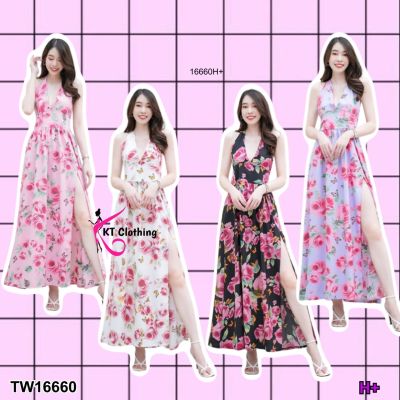 TW16660 Dress ยาวผ่าหน้า เอวสม้อค สายผูกคอ