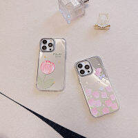 เคสป้องกันเลนส์ชุบสำหรับ IPhone 11 12 13 14 Pro Max ปลอกด้านหลังดอกทิวลิปสีชมพูสุดหรูเคสแฟชั่นเคสโทรศัพท์โทรศัพท์มือถือกันกระแทก