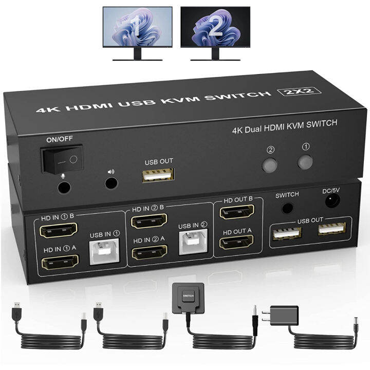 Yeemie Pro HDMI KVM Switch Dual Monitors 2 Computers, 4K 60Hz Extended