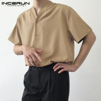 (Korea Style) INCERUN Fashion Mens Short Sleeve T Shirt V-neck Causal Button Down Blouse Tee Tops