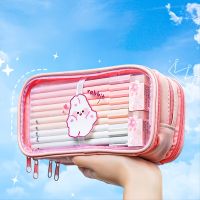 【CC】❧✔  1pc Three-layer Large-capacity Pink Storage Cartoon Student Transparent Stationery