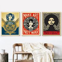 ㍿ Retro ภาพวาดผ้าใบ Make Art Not War Wall Art Shepard Fairey Vintage โปสเตอร์พิมพ์ภาพผนังสำหรับตกแต่งภายในบ้าน