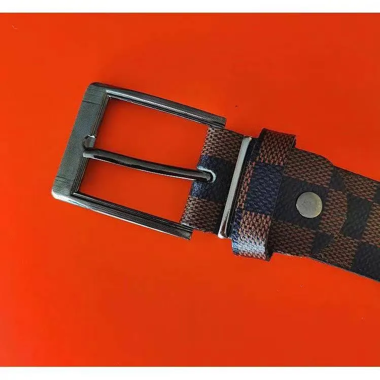 Women Vintage Metal Checkered Leather Squared Buckle Waist Belt