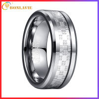 BONLAVIE 8mm Tungsten Carbide Ring Grooved With Chamfer Silver checkered inlay Domed Edge High Polished Mens Fashion Ring Comfort Fit Size 7-12