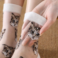 Women Transparent Cute Cat Socks Korean Fashion Ladies Summer Thin Crystal Silk Socks JapaneseTrendy Kawaii Glass Fiber Stocking