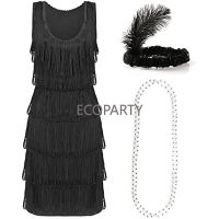 Deluxe flapper Dress-Womens Deluxe flapper costume with Matching sequin headband and Silver Pearl necklace 1920 s