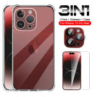 3In1เคสใสนุ่มสำหรับ iPhone 15 Pro Max กระจกเทมเปอร์ iPhone 15 Plus iPhone 15 IPhone15Pro ฟิล์มกันรอยหน้าจอกล้อง Airbag แบบใสป้องกันการตก