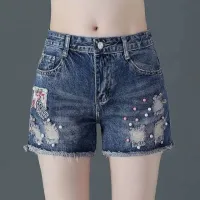 Ripped Denim Shorts Womens Summer Korean Version 2022 New High Waist Loose Raw Edge Beading Thin Plus Size Jeans Women