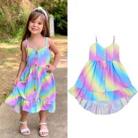 ﹊ 2021 Casual Kids Baby Girls Rainbow Print Dress Summer Ruffle Sleeveless Dress Girl Party Beach Sundress 1-6Y