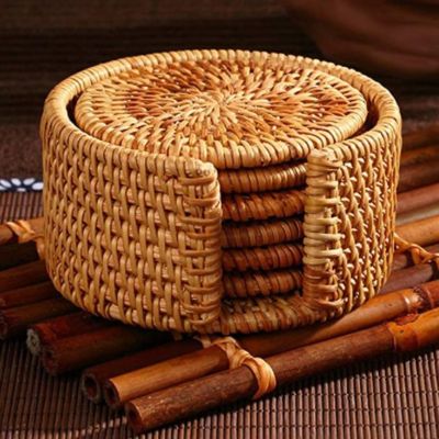 【CC】 Rattan Coasters with Holder Storage Cup Round for Table Drinks Crafts