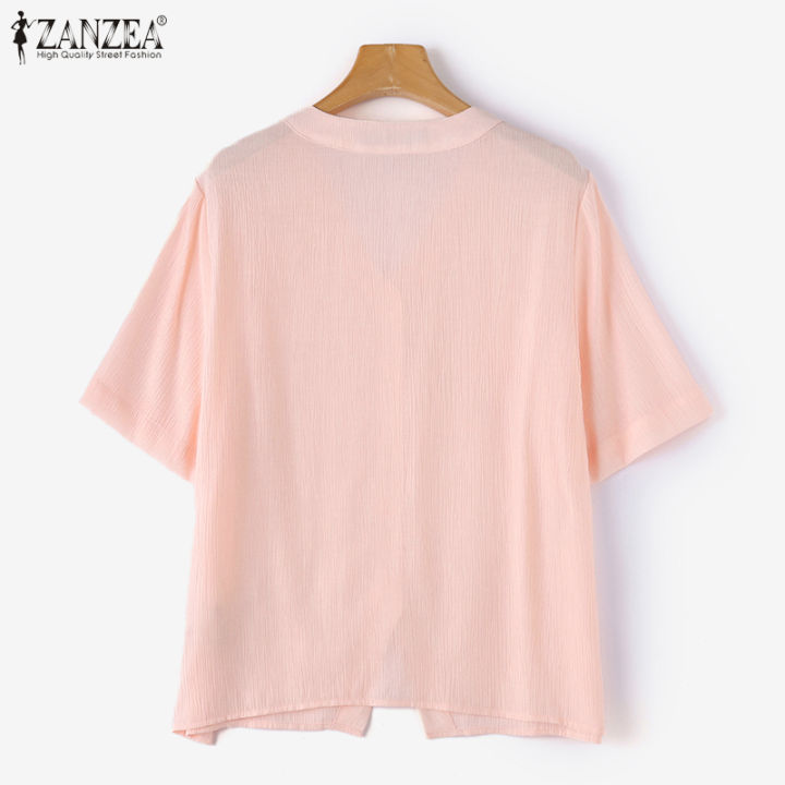 สินค้ามาใหม่-จัดส่งฟรี-fancystyle-zanzea-เสื้อยืดเสื้อจับจีบคอวีหลวมสำหรับผู้หญิงกระดุมวินเทจเสื้อเบล้าส์แบบลำลองเรียบ-2