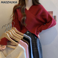 MAOZHUXIA เสื้อถักเสื้อคอวีแขนยาวผู้หญิงฤดูใบไม้ร่วง