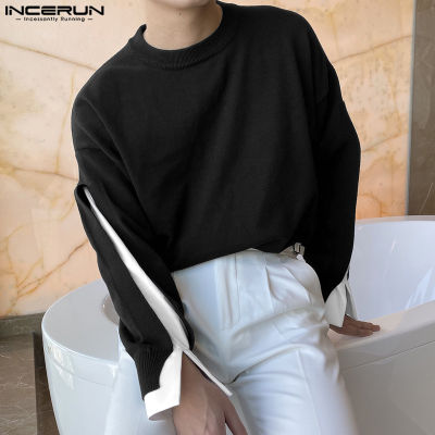 INCERUN เสื้อยืดปะต่อทางการแขนยาวสำหรับผู้ชายเสื้อคอกลมสีพื้นลำลองอินเทรนด์ (สไตล์เกาหลี)