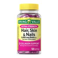 Spring Valley Extra Strength Hair Skin &amp; Nails Collagen Support Softgels, 5000 mcg Biotin 120Softgels