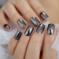 Mirror Metal Square Short Nails Silver Squat Gorgeous Beauty Fake Nails Reflective Artificial Press On Nails