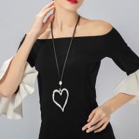 Amorcome Irregular Hollow Metal Heart Pendant Necklace Long Sweater Chain Leather Suspension Necklaces Women Collare Jewelry