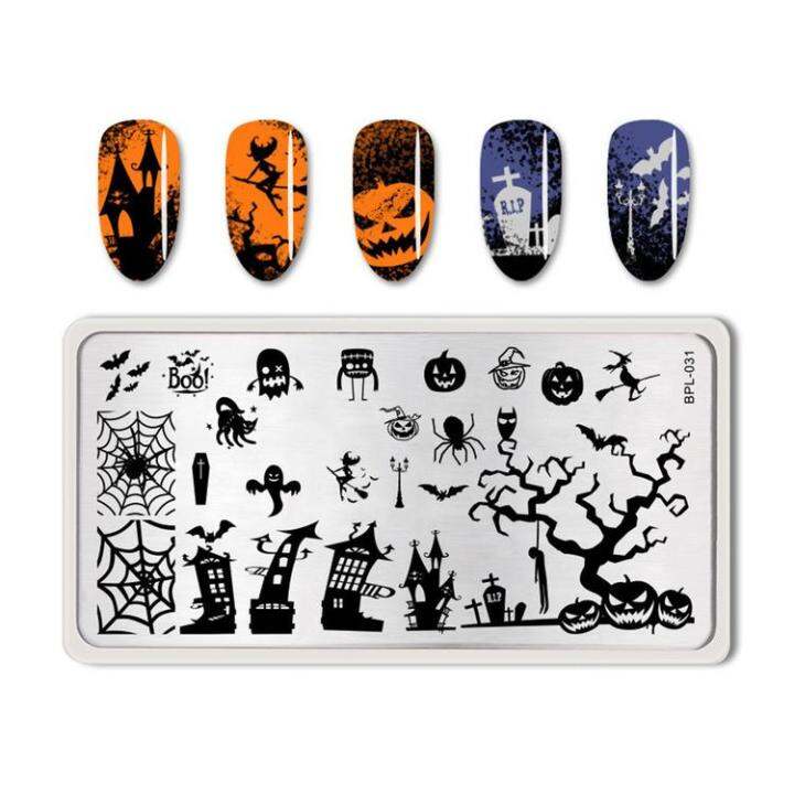 halloween-series-nail-art-templates-skull-bat-castle-wizard-doodle-style-printing-stencil-transfer-steel-plate-template-convenient