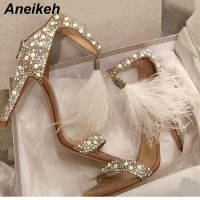 Aneikeh Sexy Women Sandals Pumps Summer Rhinestone Fringe Zipper Feather High Heel Apricot Women Wedding Pumps Shoes Size 35-40