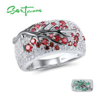 SANTUZZA Silver Ring for Women Genuine 925 Sterling Silver Pink Green Cherry Tree Cubic Zirconia Ladies Delicate Fashion Jewelry