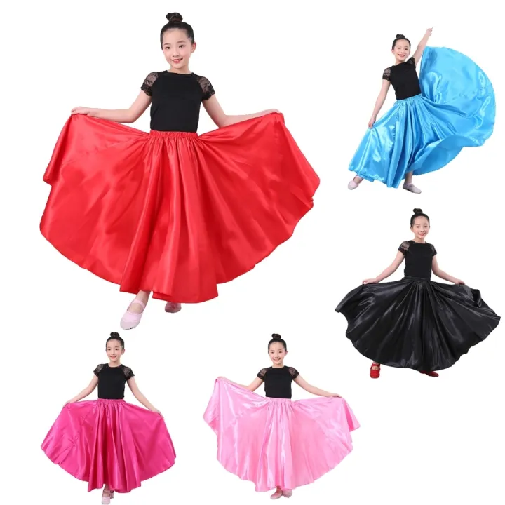 Kids Spanish Gypsy Flamenco Skirt Girls Belly Dance Satin Swing Skirt ...