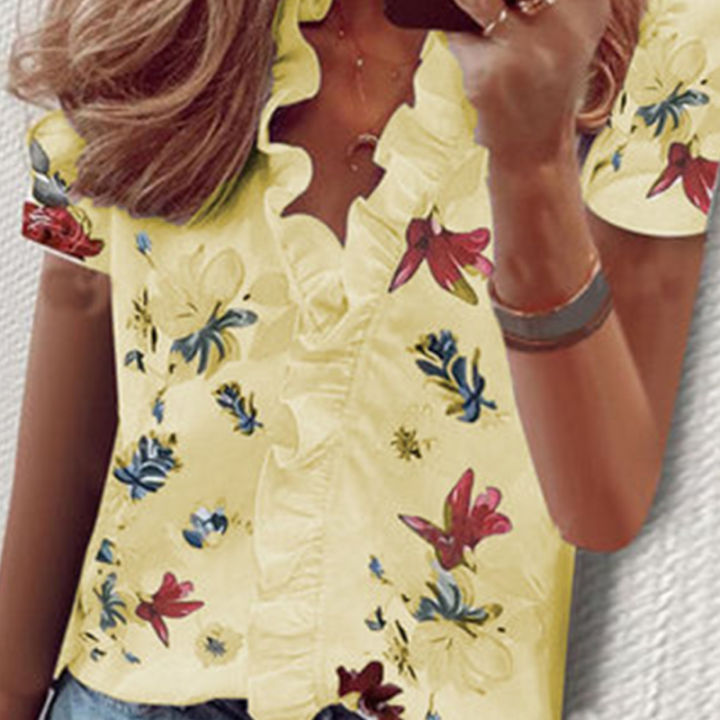 2023newเสื้อคอวีแขนสั้นผู้หญิงเสื้อพิมพ์ลายดอกไม้หรูหราเสื้อเสื้อลำลองฤดูร้อนเสื้อเบลาส์มีพู่