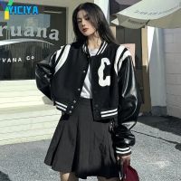 YICIYA Bomber Woman Varsity Jacket Black PU Leather Racing Oversize Short Motorcycle Baseball Jacket Long Sleeve University Coat