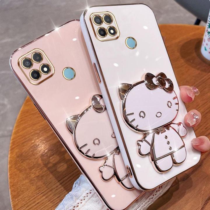 folding-makeup-mirror-phone-case-for-oppo-a15-a15s-a35-realme-v3-case-fashion-cartoon-cute-cat-multifunctional-bracket-plating-tpu-soft-cover-casing