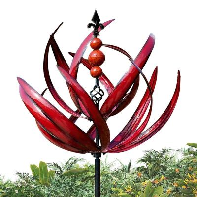 โลหะ Garden Spinner โลหะ UV ทน360องศาหมุนได้ Lotus Garden Art Red Paths Stakes สำหรับสนามหญ้าเครื่องประดับ Patio Display