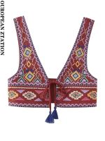 ┅∏┋ PAILETE 2023 fashion embroidered crop vest vintage v neck wide straps female waistcoat chic tops