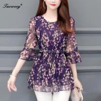 5xl long Shirts Women Casual Button Floral chiffon Print Half Sleeve Women Loose Plus Size Womens Tunics Vintage Female Top