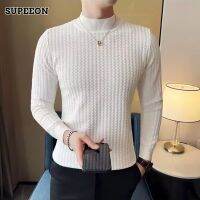 SUPEEON丨เสื้อสเวตเตอร์ถักสำหรับผู้ชาย,เสื้อสเวตเตอร์แขนยาวลายทางคอวีสีทึบผู้ชายแบบลำลองธุรกิจพอดีตัว