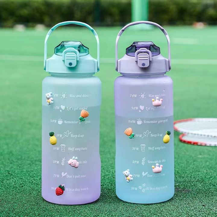 2L Large Capacity Water Bottle Straw Cup Gradient Color Plastic