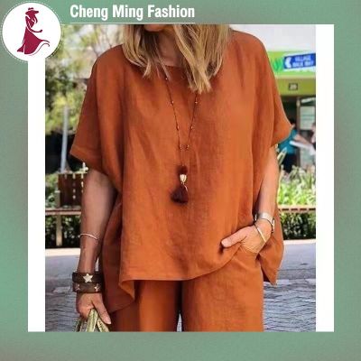 Cheng Ming ชุดสูท2ชิ้นสำหรับผู้หญิง,ชุดสองชิ้นกางเกงขาสั้นเสื้อแขนสั้นผ้าฝ้ายลินินแบบหลวมสีทึบสำหรับฤดูร้อน