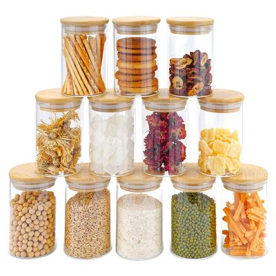 12Pcs Glass Jars Set(300Ml),Clear Spice Jars with Bamboo Lids, Food Storage Jars Canisters for Kitchen Counter Organizer