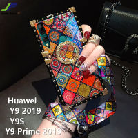 JieFie สำหรับ Huawei Y9 2019 Huawei Y9S Huawei Y9 Prime 2019 Blu-Ray สไตล์ชาติพันธุ์เคสโทรศัพท์ Luxury Square กันกระแทกฝาหลัง + ขาตั้งโทรศัพท์และเชือกเส้นเล็ก